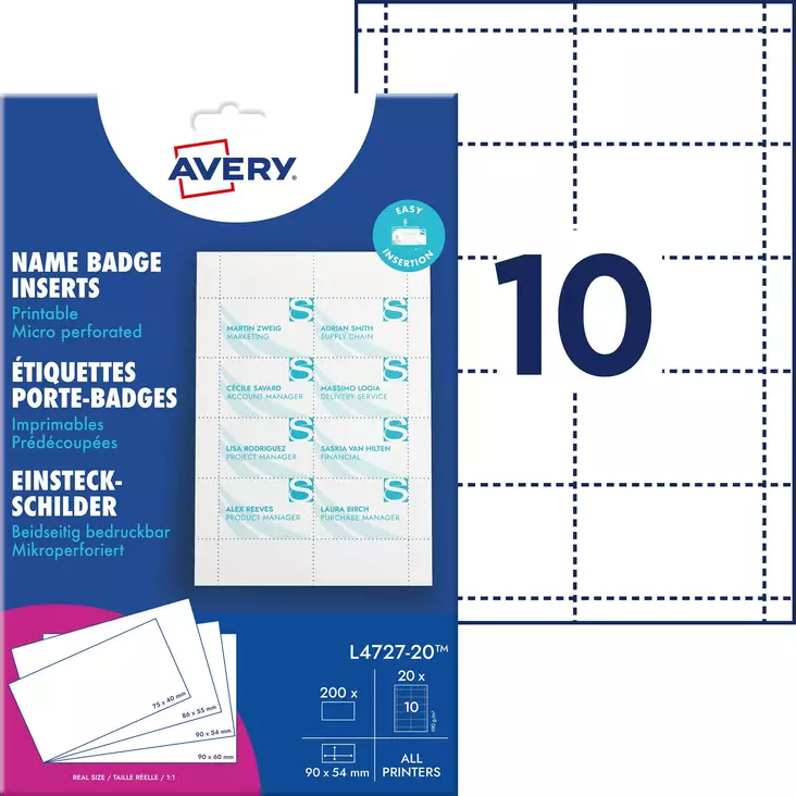 Nimikyltti Avery 54x90 tulostettava/200 - Nimikortit, kongressineulat, kaulanauhat - AVL4727-20 - 1
