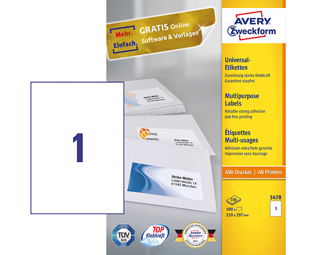 AVERY 3478 MONIKÄYTTÖTARRA 210X297MM - Paperitarra-arkit A5, A4 - 64940 - 1