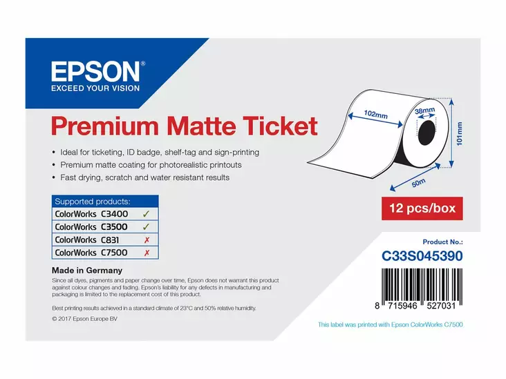 Epson matta etikettitarra (10,2 cm x 50 m) 1 rulla - Epson tarrakirjoittimet ja tarrateipit - C33S045390 - 1