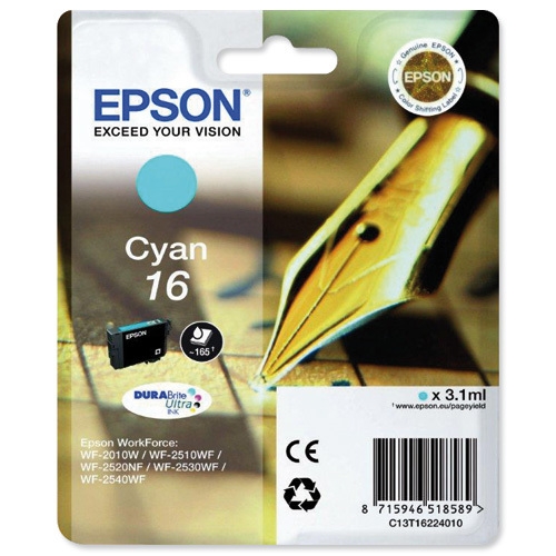 Epson nro 16 WF-2010W/2510WF/20/30/40. syaani - Epson mustesuihkupatruunat - T16224010 - 1