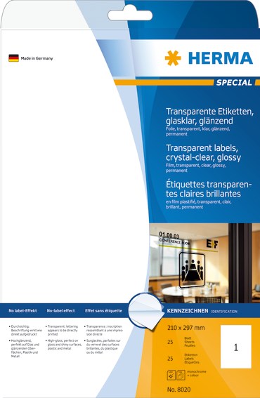Herma-tarrakalvo A4 210x297 läpinäkyvä kiiltävä - Paperitarra-arkit A5, A4 - HER8020 - 1