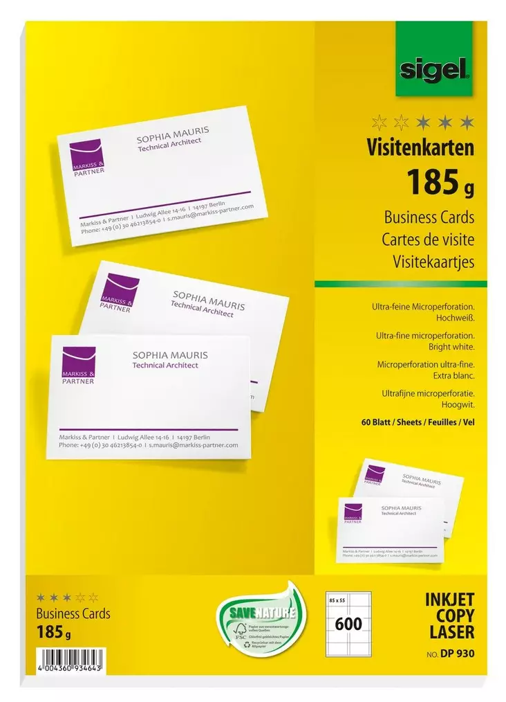 Käyntikorttiarkki A4 10-os. 185 gr 60ark - Käyntikorttiarkit A4 - SIGDP930 - 1