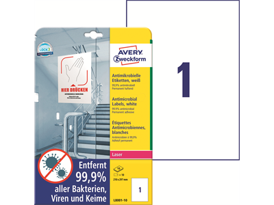 Lasertarra antibakteerinen Avery L8001 10 arkkia 210x297 Valkoinen - Säänkestävät tarra-arkit A4 - 225230 - 1