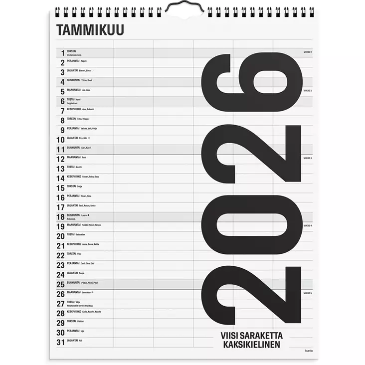 Perhekalenteri 2026 Black and white 5 kolumner (kaksikielinen) - Seinäkalenterit - 398110 - 1