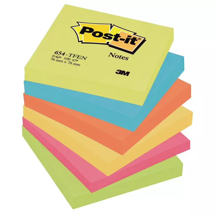 Post-it 654 TFEN Energetic-värilajitelma, 6 lehtiötä, 76 x 76 mm, 100 lappua/lehtiö - Viestilaput, muistilaput, kuutiot - 236540 - 1