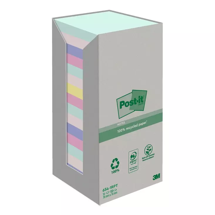 Viestilappu Post-it Recycled Notes 76x76mm pastelli 16 kpl - Viestilaput, muistilaput, kuutiot - 236660 - 1
