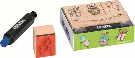 Leimasinsetti party, 4 erilaista puuleimasinta, sini/mustaleimasinkynä - Leimasimet - 137441 - 1