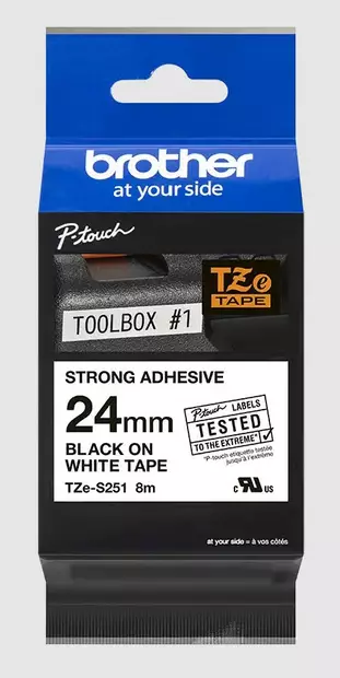 TZeS teippi 24mmx8m vahva musta/valkoine - Brother tarrakirjoittimet ja tarrateipit - TZe-S251 - 1