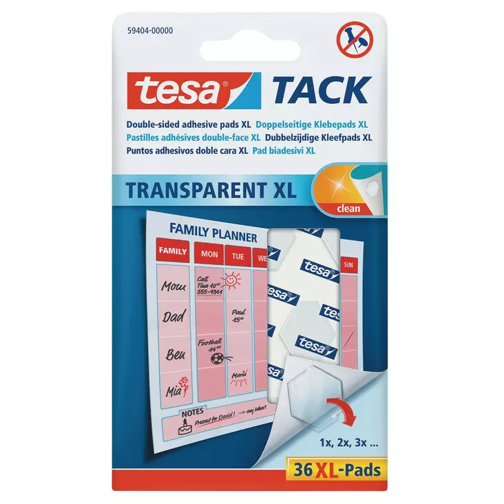 Tesa® kiinnitystarra XL uudelleenkäytettävä kirkas, 1 kpl=36 tarraa - Liimat, liimarollerit - 10076841 - 1