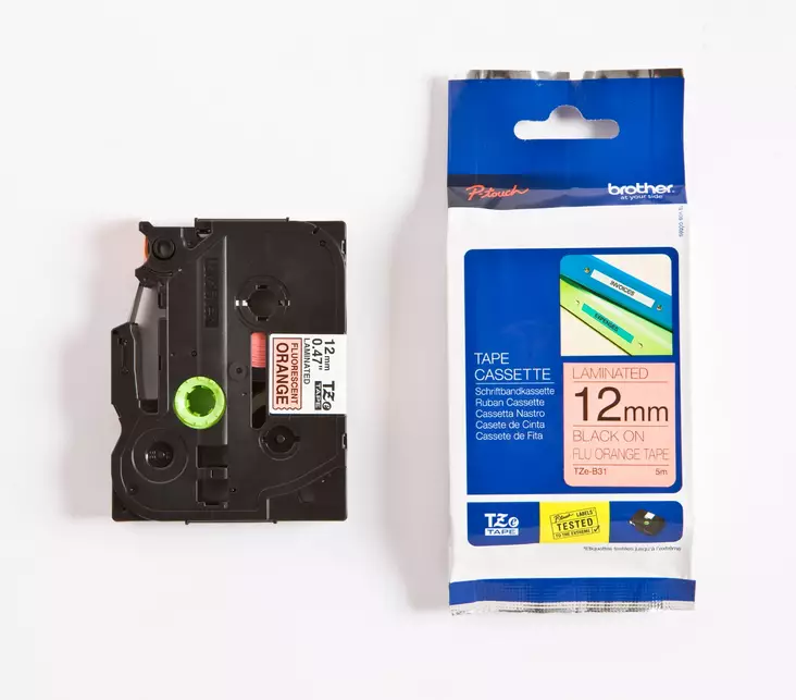Brother 12mm/8m musta/neon oranssi - Brother tarrakirjoittimet ja tarrateipit - TZE-B31 - 1