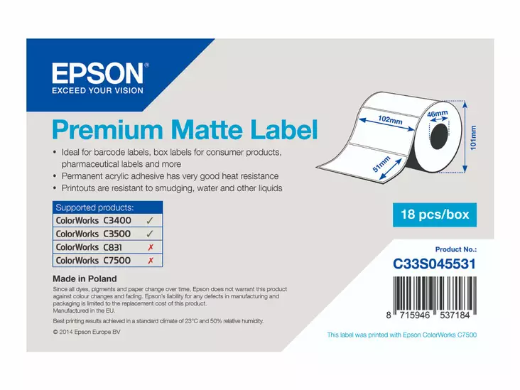 Epson Premium etikettitarra paperi 102 x 51 mm 650 tarraa - Epson tarrakirjoittimet ja tarrateipit - C33S045531 - 1