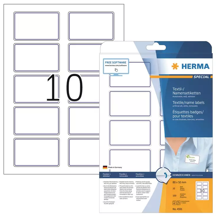 Herma 4591 nimi/tekstiilitarra irroitettava 80x50 sininen (100kpl) - Paperitarra-arkit A5, A4 - HER4591 - 1