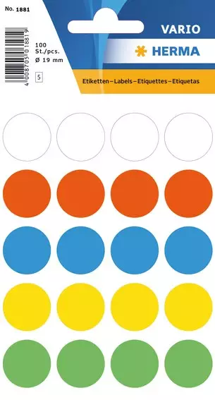 Herma etiketti ø19 lajitelma (5*20kpl) - Paperitarra-arkit A5, A4 - HER1881 - 1