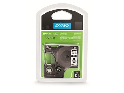Tarrakasetti Dymo D1 nylon 12mm x 3,5m valkoinen/musta S0718040 - Dymo tarrakirjoittimet ja tarrateipit - 254121 - 1