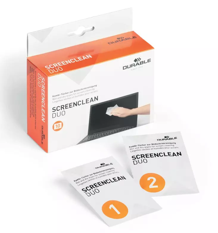 Durable puhdistuspyyhe näytölle kuiva/kostea, 1 kpl= 2x10 pyyhettä - Puhdistusliinat ja paineilma - 572102 - 1