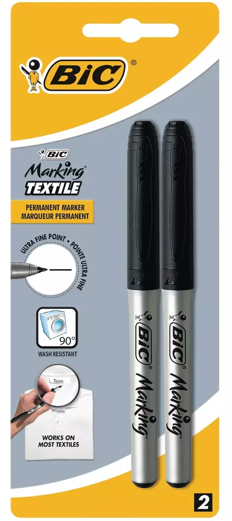Bic tekstiili-/pesulakynä musta, 1pkt=2kpl - Merkkauskynät, -tussit - 933872 - 1