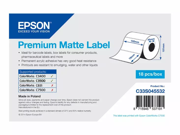 Epson Premium etikettitarra paperi 102 x 76 mm 440 tarraa - Epson tarrakirjoittimet ja tarrateipit - C33S045532 - 1