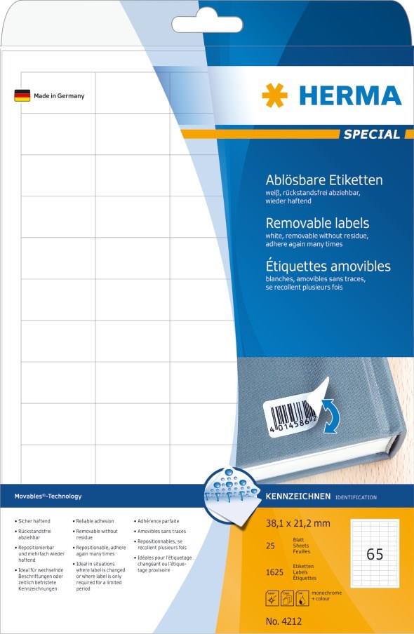 Herma irrotettava tarra 38,1x21,2 (1625) - Paperitarra-arkit A5, A4 - HER4212 - 1