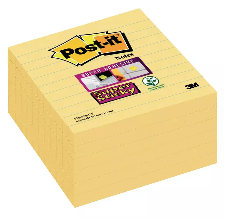 Post-it® Super Sticky viestilappu 101 x 101mm viivoitettu keltainen 6 nidettä - Viestilaput, muistilaput, kuutiot - 7100234642 - 1