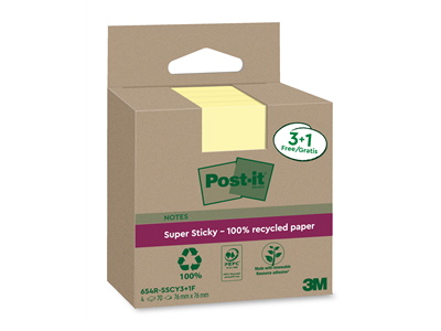 Viestilappu Post-it Super Sticky eco 76x76mm keltainen/4kpl - Viestilaput, muistilaput, kuutiot - 18272 - 1