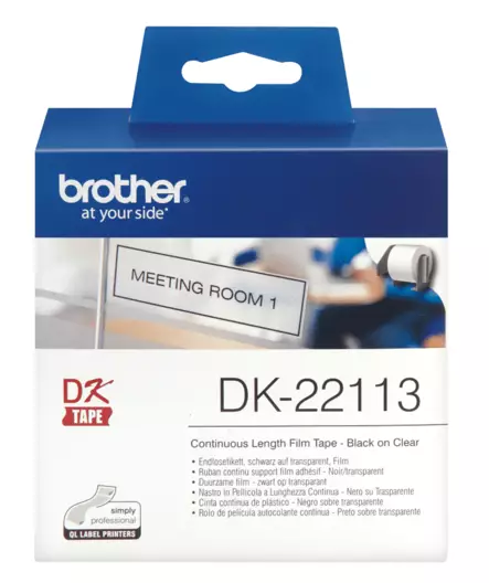 Brotherin alkuperäinen DK22113-rullatarra, musta/läpinäkyvä, 62 mm - Brother tarrakirjoittimet ja tarrateipit - DK-22113 - 1