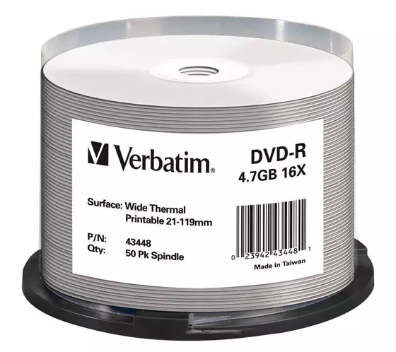 DVD-R levy Verbatim 4,7GB 16x, lämpötulostettava, purkkipkt - Muistitikut, CD-, DVD-levyt - 60043 - 1