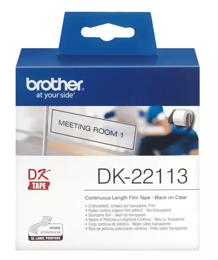 Brotherin alkuperäinen DK22113-rullatarra, musta/läpinäkyvä, 62 mm - Brother tarrakirjoittimet ja tarrateipit - DK-22113 - 1