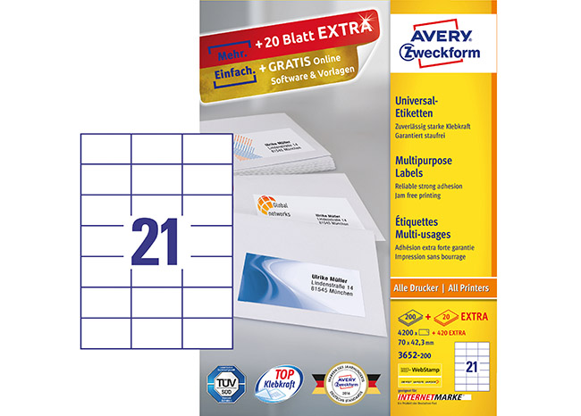 Avery 3652 monitoimitarra 70 x 42,3mm 21 - Paperitarra-arkit A5, A4 - 144963 - 1