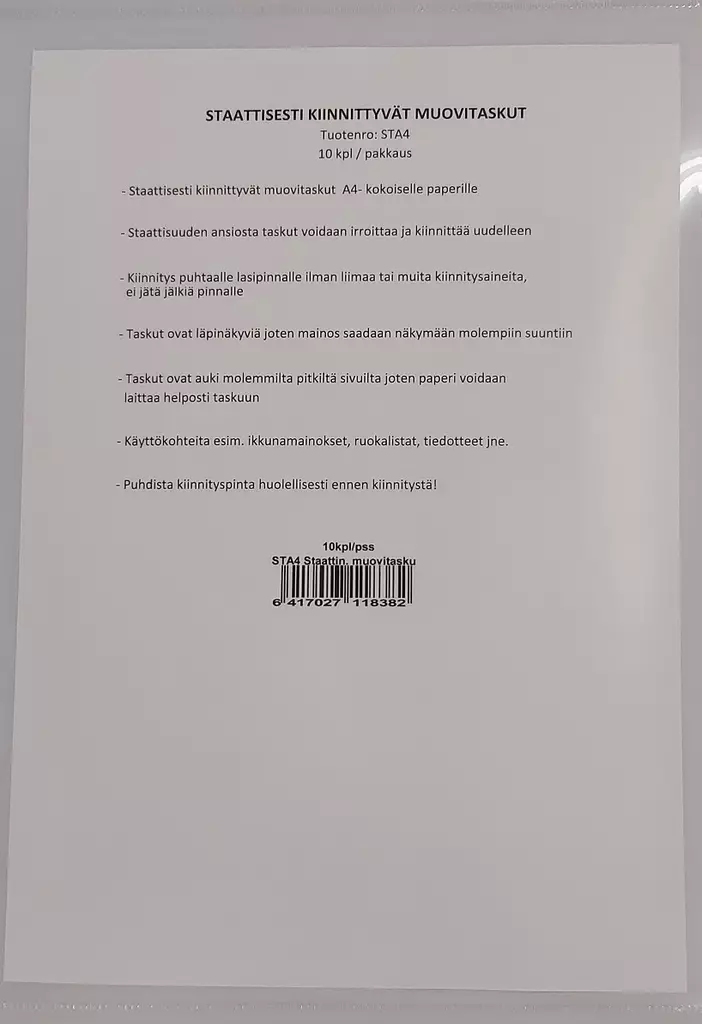 Staattisesti kiinnittyvä muovitasku A4 - Magneettitaskut - STA4 - 1