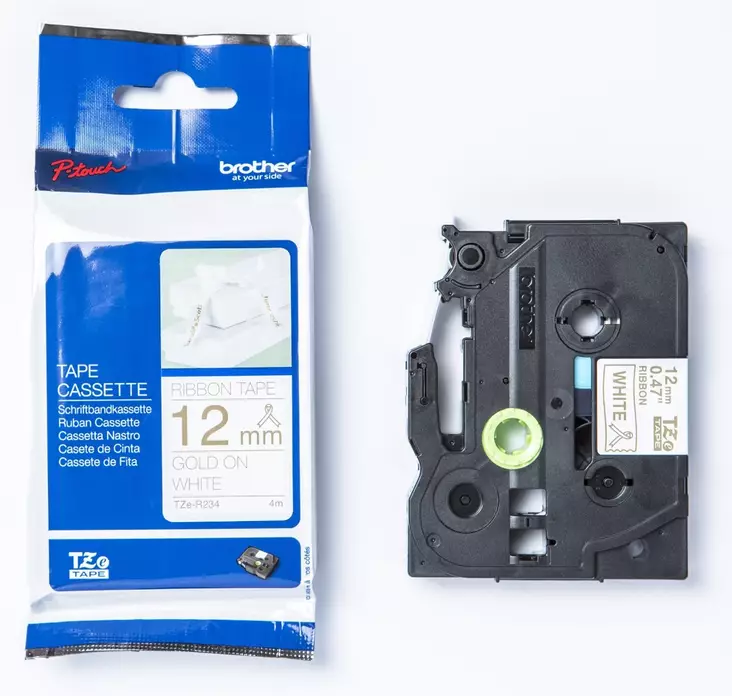Tekstiilinauha Brother TZe-R234 12mm x 4m satiini valkoinen/kulta - Brother tarrakirjoittimet ja tarrateipit - TZe-R234 - 1