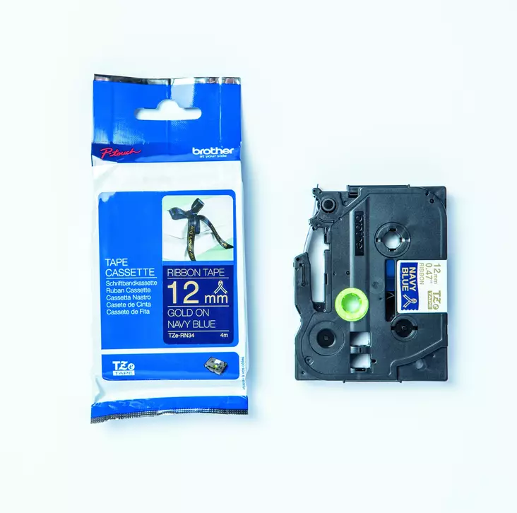 Tekstiilinauha Brother TZe-RN34 12mm satiini sininen/kulta - Brother tarrakirjoittimet ja tarrateipit - TZE-RN34 - 1