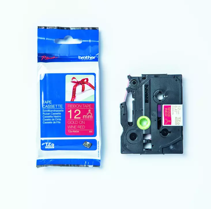 Tekstiilinauha Brother TZe-RW34 12mm satiini punainen/kulta - Brother tarrakirjoittimet ja tarrateipit - TZE-RW34 - 1