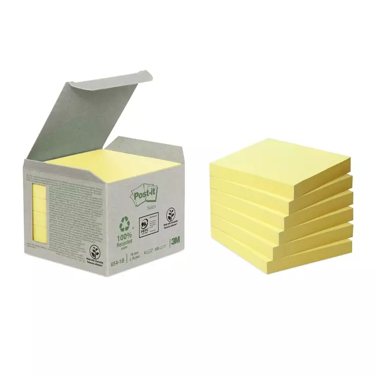 Viestilappu Post-it Recycled Notes 76x76mm keltainen 6 kpl - Viestilaput, muistilaput, kuutiot - 61674 - 1
