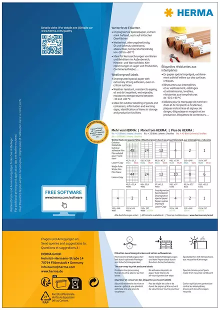 Herma A4 säänkestävä impregnoitu tarra 210x297mm 80kpl - Säänkestävät tarra-arkit A4 - HER10775 - 2