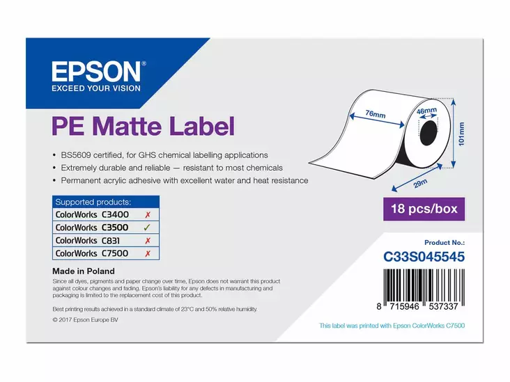 Epson PE etikettitarra (7,6 cm x 29 m) 1rulla - Epson tarrakirjoittimet ja tarrateipit - C33S045545 - 1