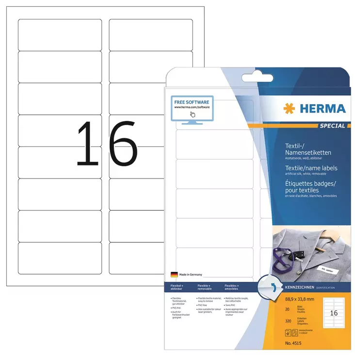 Herma 4515 nimi/tekstiilitarra irroitettava 88,9x33,8 valkoinen (320kpl) - Paperitarra-arkit A5, A4 - HER4515 - 1