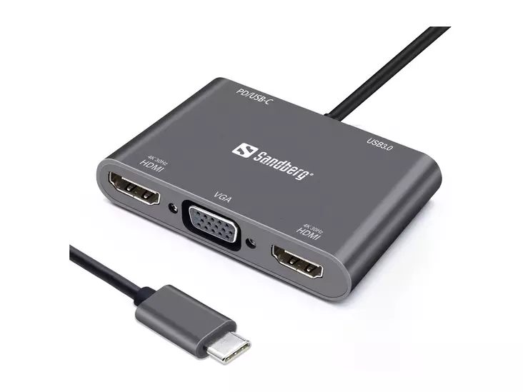 USB-C Dock 2xHDMI+1xVGA+USB+PD - Muuntimet ja adapterit - 136-35 - 1
