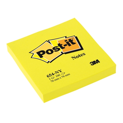 Viestilappu Post-it 654 76X76mm neonkeltainen - Viestilaput, muistilaput, kuutiot - 236515 - 2