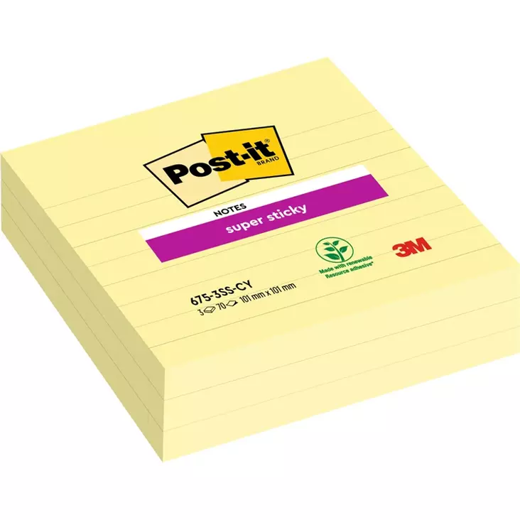 Viestilappu Post-it Super Sticky 101x101 kelt viivat 3 kpl - Viestilaput, muistilaput, kuutiot - 77575 - 1