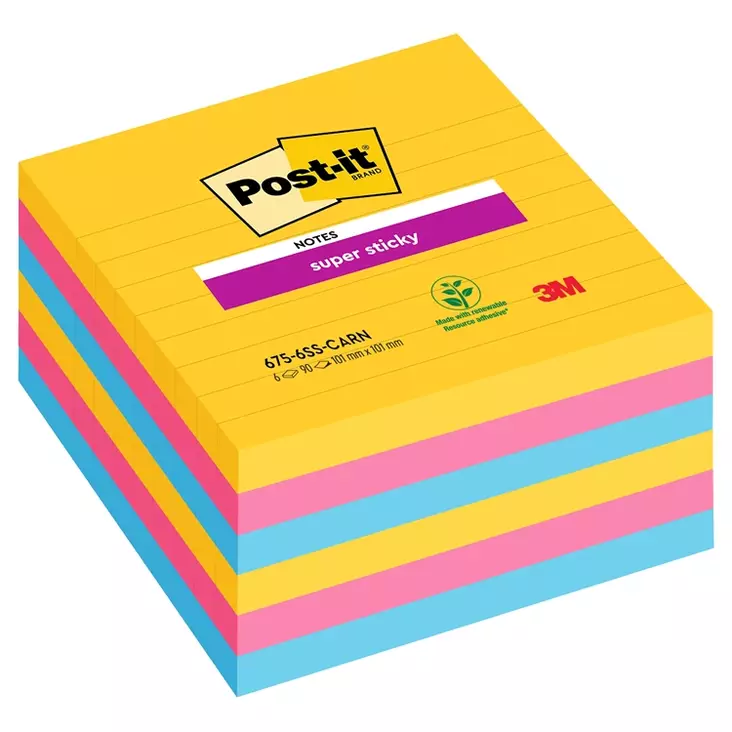 Viestilappu Post-it Super Sticky 101x101mm viivat 6 kpl - Viestilaput, muistilaput, kuutiot - 77585 - 1