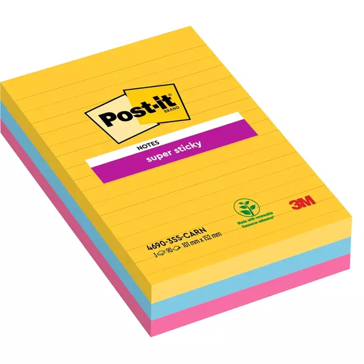 Viestilappu Post-it Super Sticky 101x152mm viivat Carnival/3 - Viestilaput, muistilaput, kuutiot - 236875 - 1