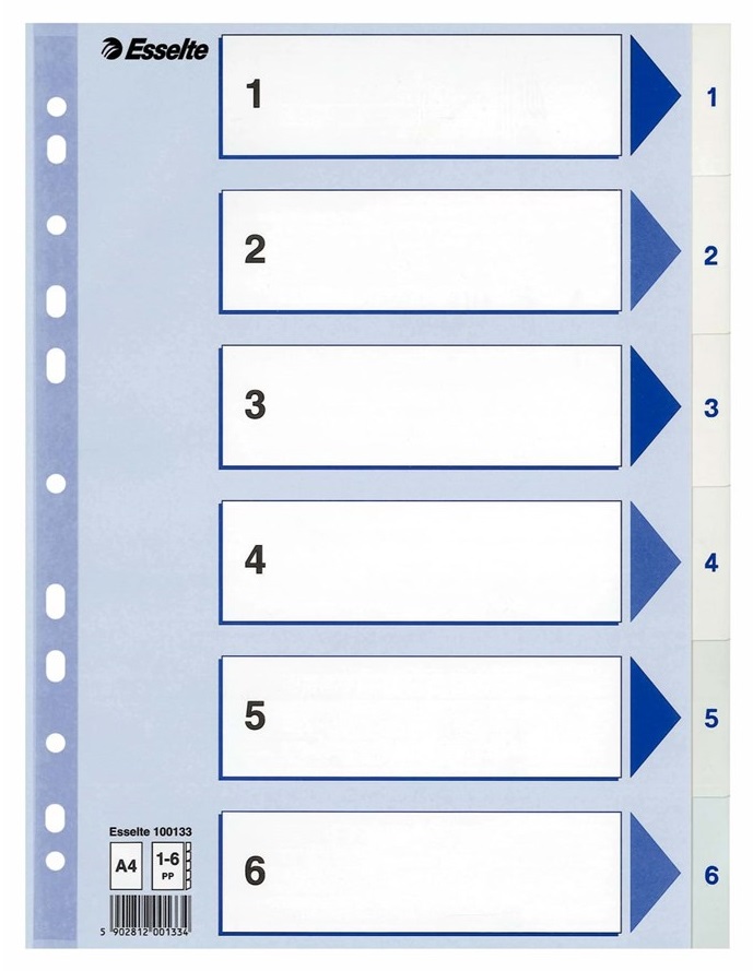 Hakemisto muovia A4 1-6 PP Esselte - Hakemistot, rekisterit - 112296 - 2