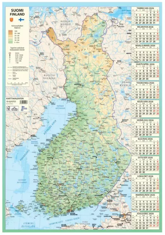 Ajasto Karttakalenteri 2026 seinäkalenteri 590 x 850mm - Seinäkalenterit - 2671620026 - 1