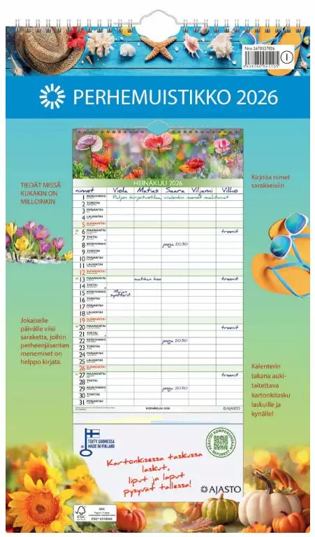 Ajasto Perhemuistikko 2026 seinäkalenteri 250 x 415mm - Seinäkalenterit - 2670327026 - 1
