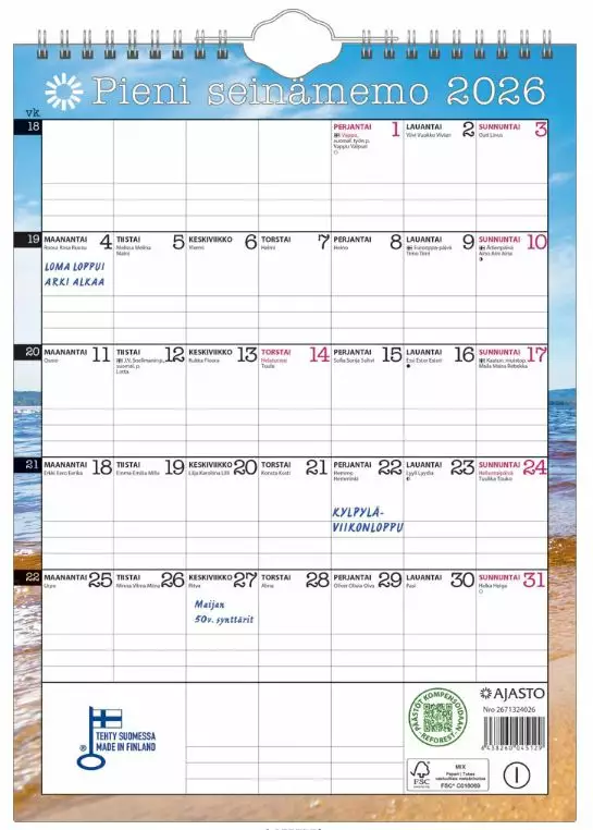 Ajasto Pieni Seinämemo 2026 seinäkalenteri 210 x 290mm - Seinäkalenterit - 2671324026 - 1
