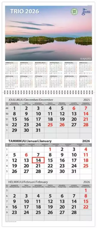 Ajasto Trio 2026 seinäkalenteri 290 x 415mm - Seinäkalenterit - 2671321026 - 1