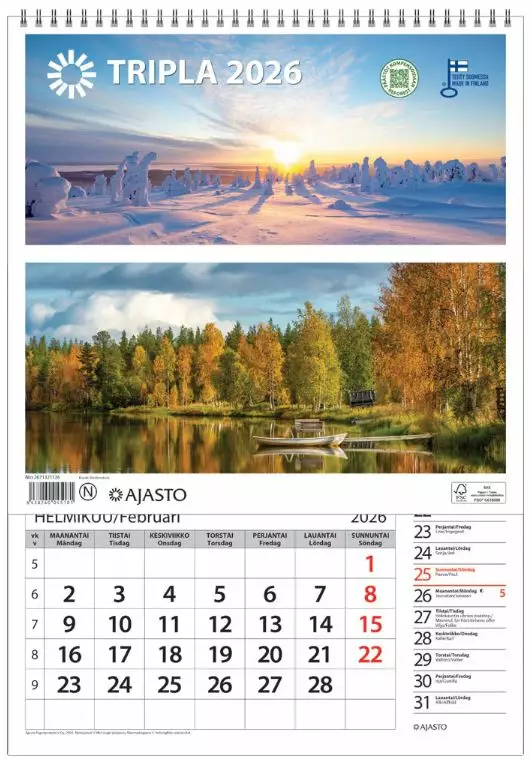 Ajasto Tripla 2026 seinäkalenteri 290 x 415mm - Seinäkalenterit - 2671321126 - 1