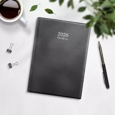 Kalenteri 2026 Päiväkirja musta muovikansi parikierresidottu - Pöytäkalenterit - 398027 - 1