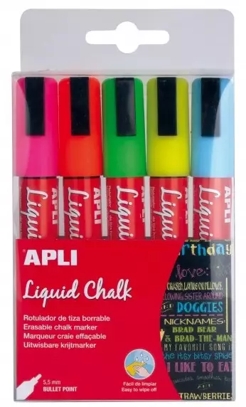 Liitutaulukynä pyö-5,5mm 5 neonväriä - Lasitaulutussit, liidut - 153687 - 1