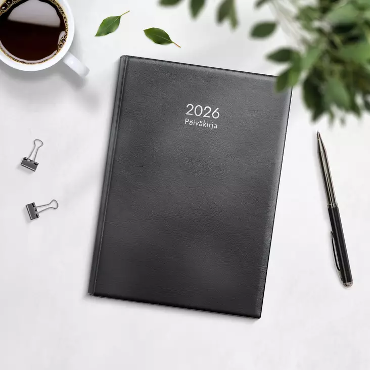 Kalenteri 2026 Päiväkirja musta muovikansi parikierresidottu - Pöytäkalenterit - 398027 - 1